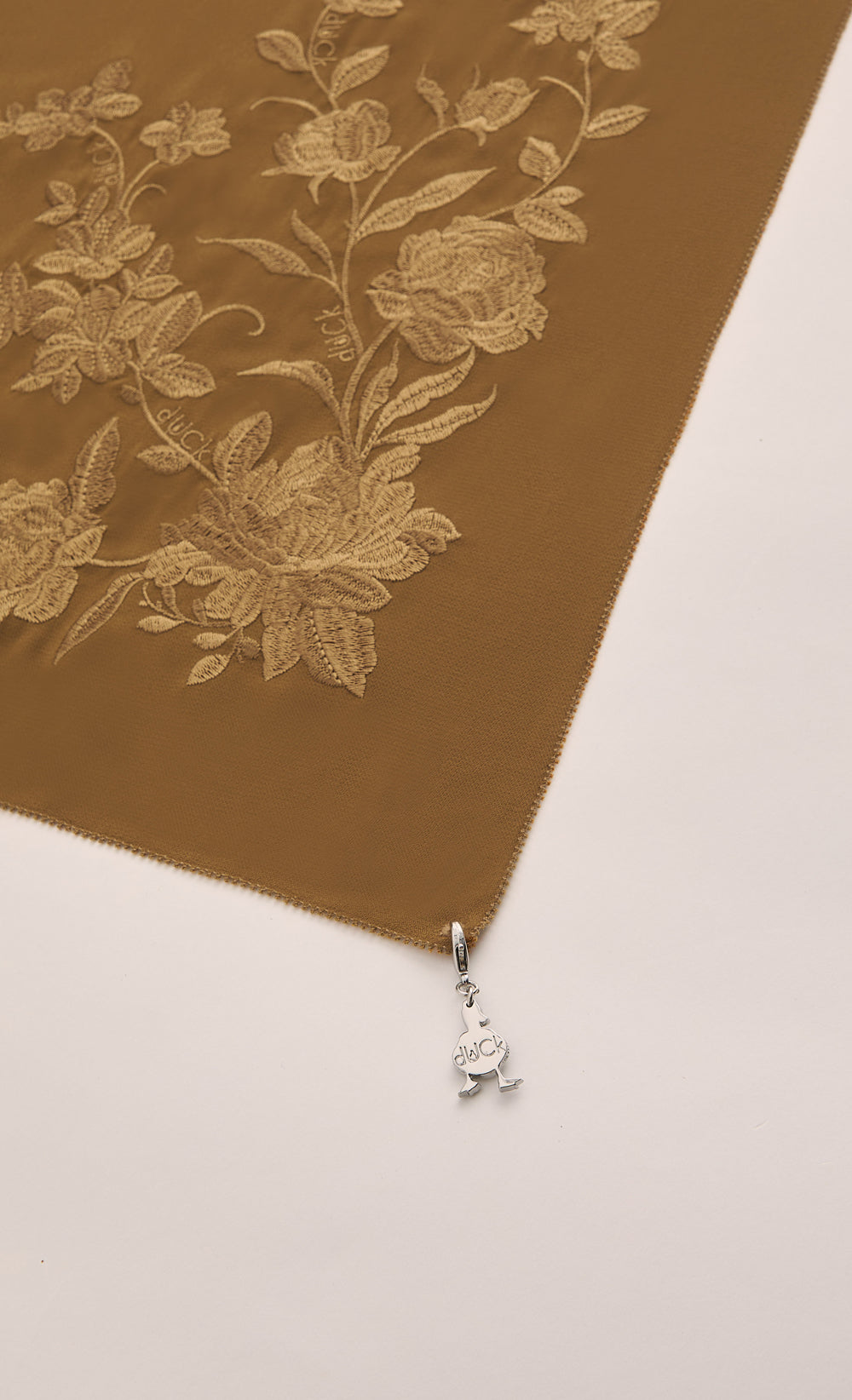 The Peonies Embroidery dUCk Square Scarf in Caramel