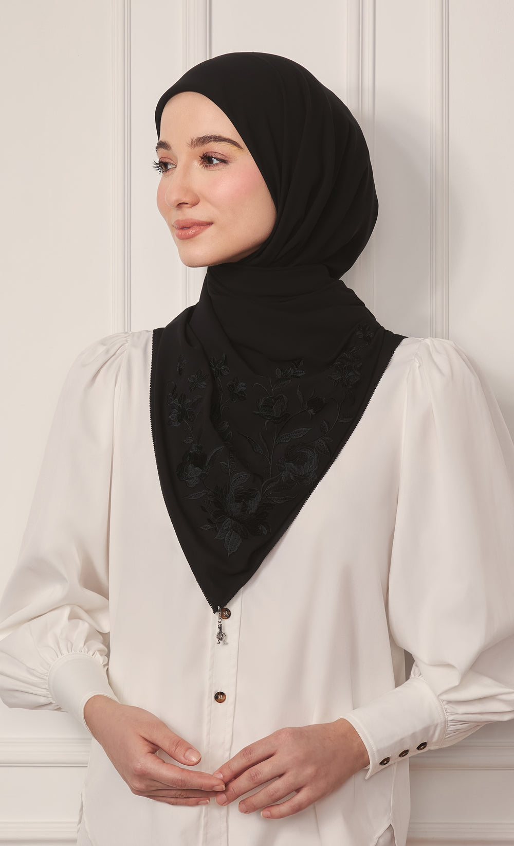 The Peonies Embroidery dUCk Square Scarf in Black