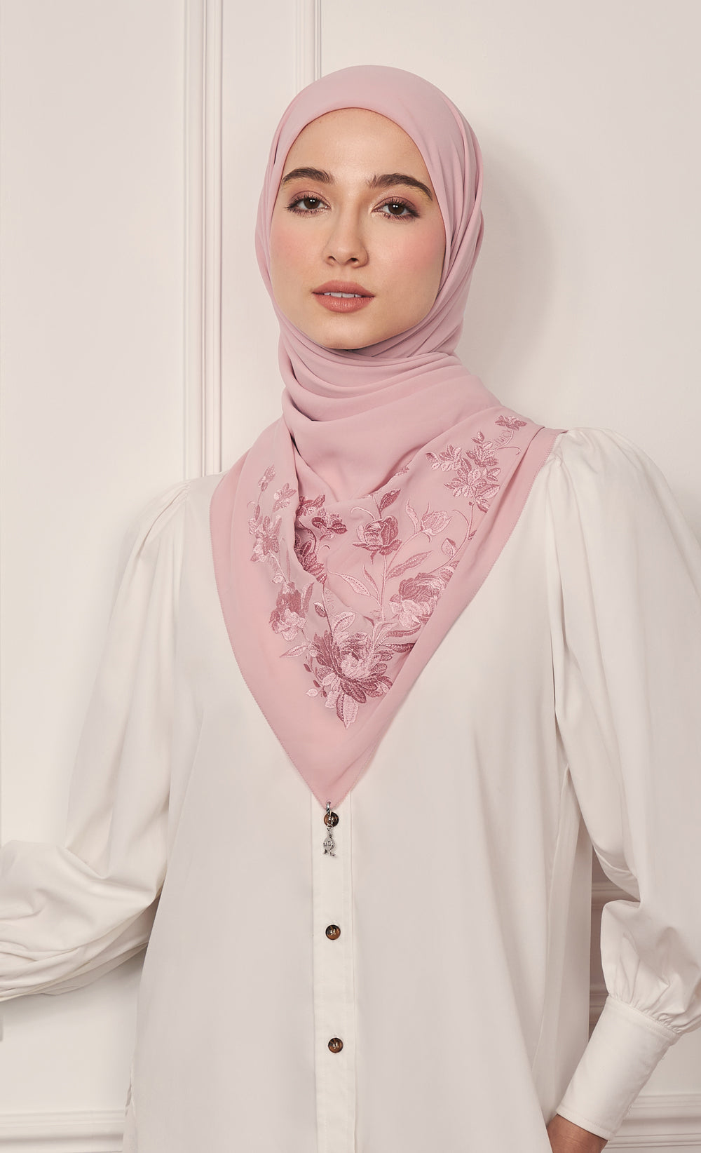 The Peonies Embroidery dUCk Square Scarf in Blush