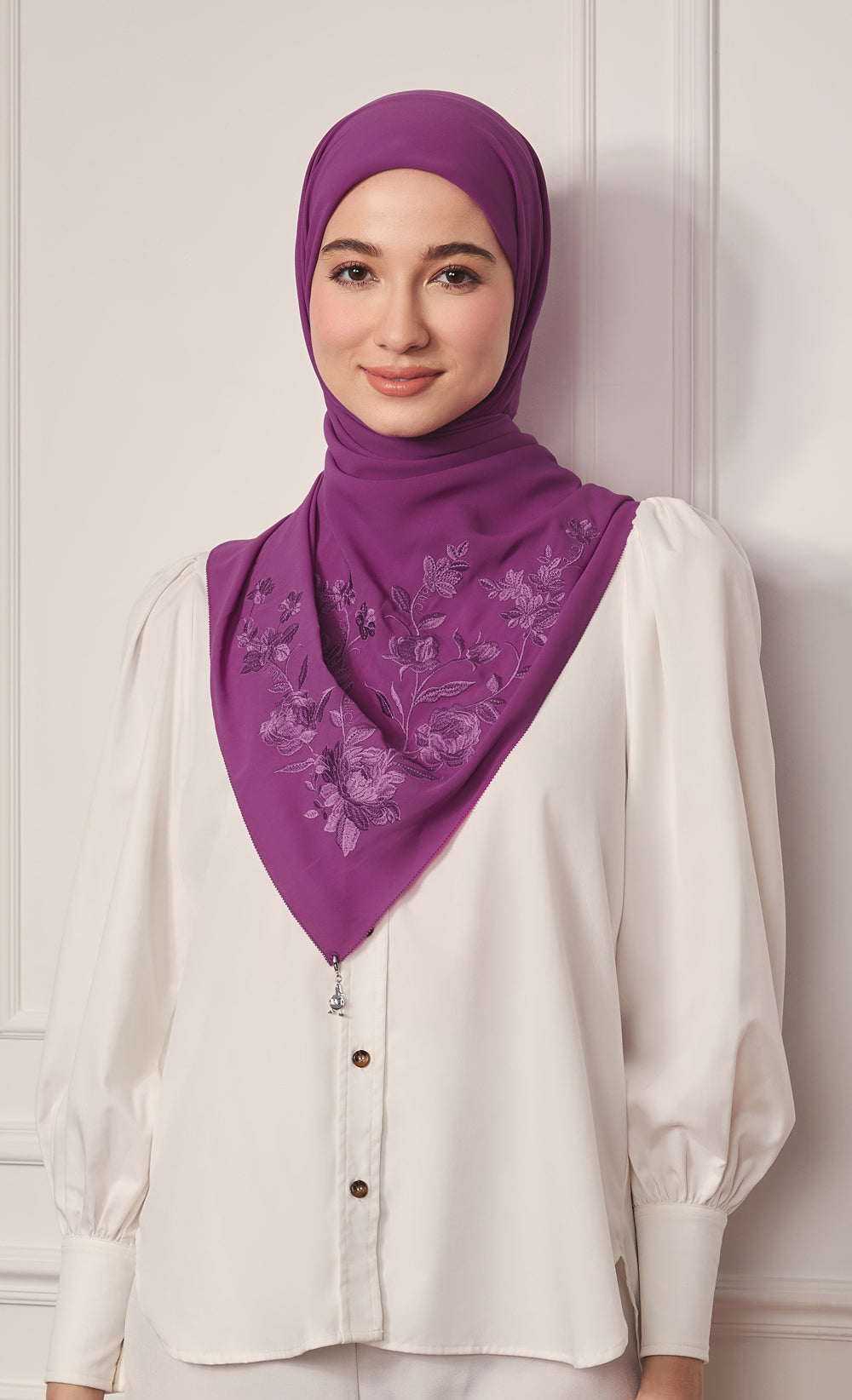 The Peonies Embroidery dUCk Square Scarf in Magenta