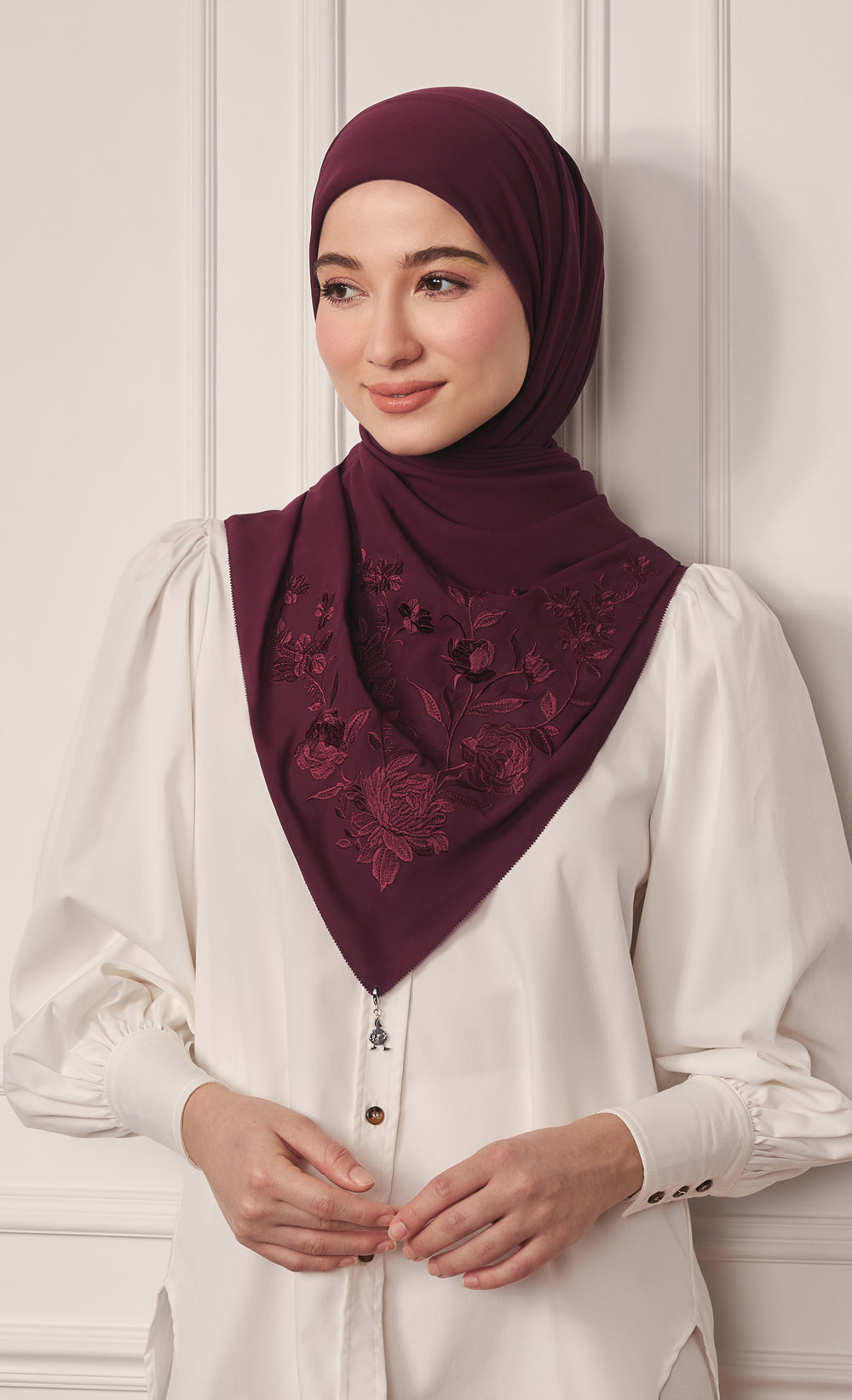 The Peonies Embroidery dUCk Square Scarf in Maroon