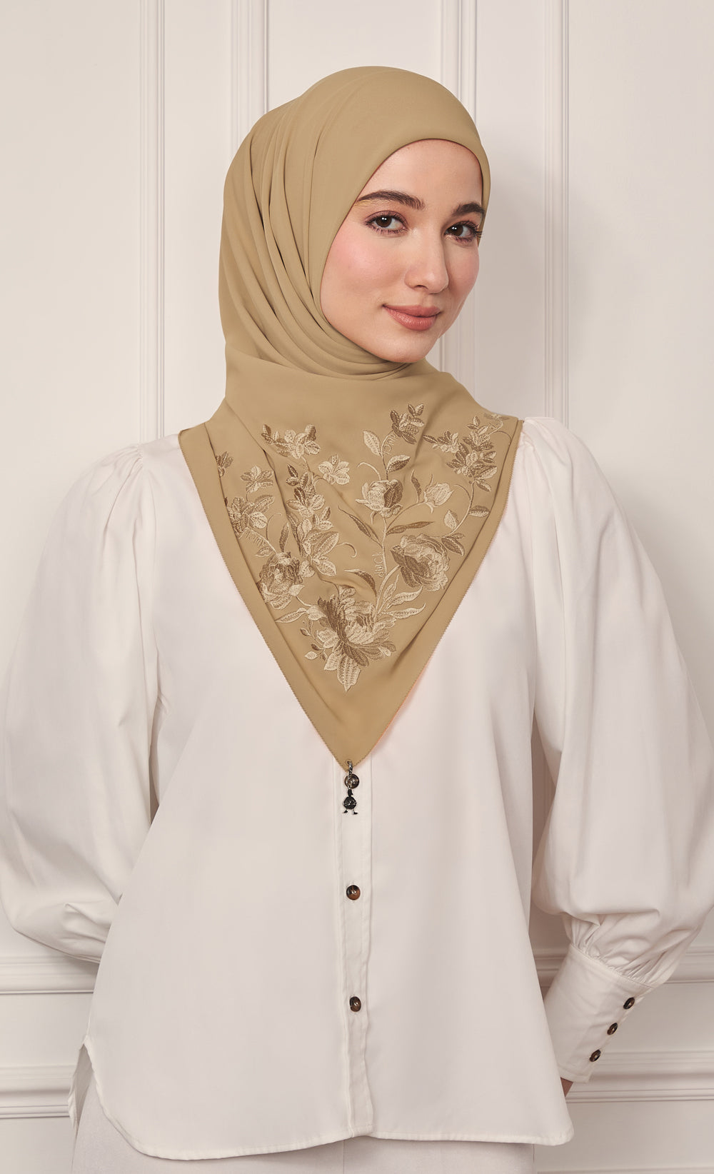 The Peonies Embroidery dUCk Square Scarf in Sand