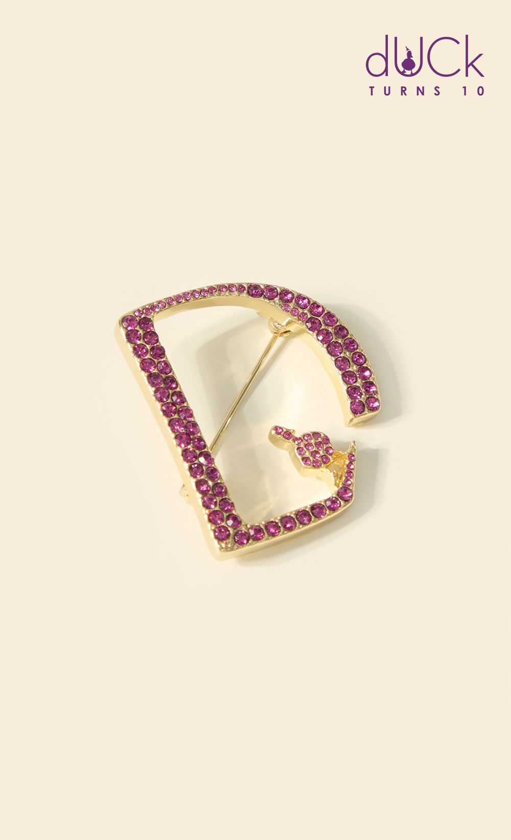 D Anagram Brooch Purple Diamante in Gold